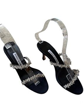 Manolo Blahnik Diora Black Satin Crystal Bands Open Toe Heel Sandals IT 36.5 EUC